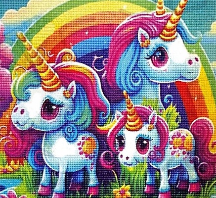 Алмазная мозаика, без подрамника, частичная выкладка, круглые стразы, 25 х 25 (живопись), арт. АК2020034 ЕДИНОРОГИ