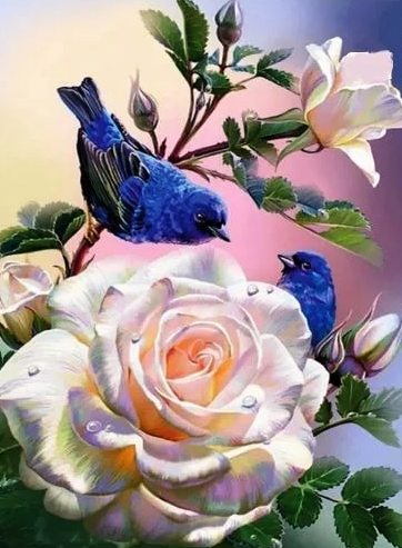Алмазная живопись/ подрамник/ полная выкладка/ 20х30 см/ арт.AK2030087 ПТИЧКА С РОЗОЙ title=