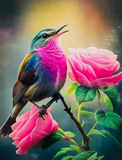 Алмазная живопись/ подрамник/ полная выкладка/ 20х30 см/ арт.ak2030013 ПТИЦА С РОЗОЙ