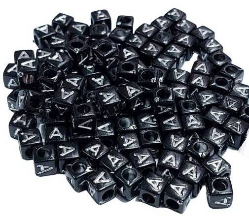 Бусины с буквами кубики/ цв.черный с серебром буква &quot;А&quot;/ 6х6мм/ уп.500г/ фас.1уп.
