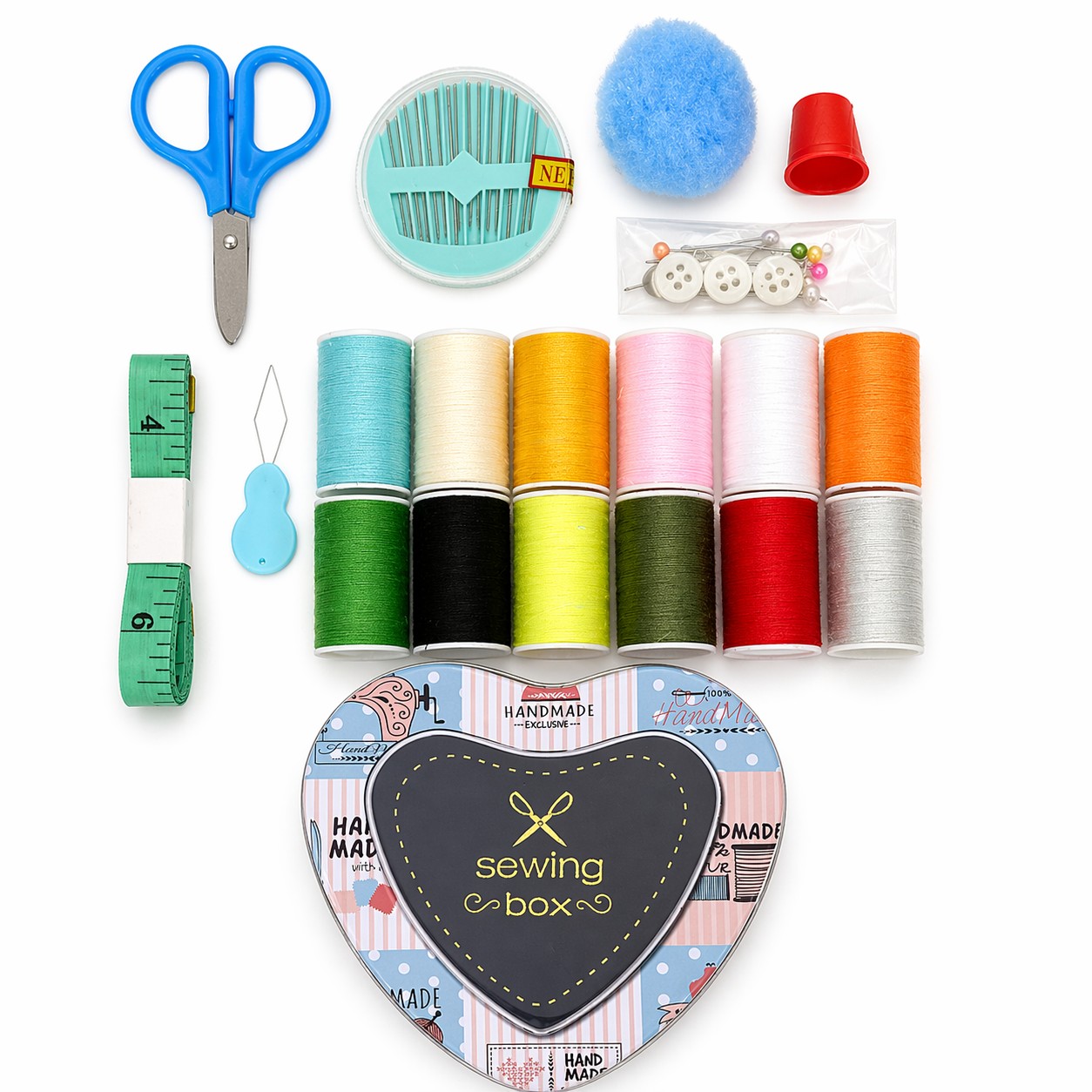 Швейный дорожный набор в железном боксе, в форме сердца, арт. dn025 title=