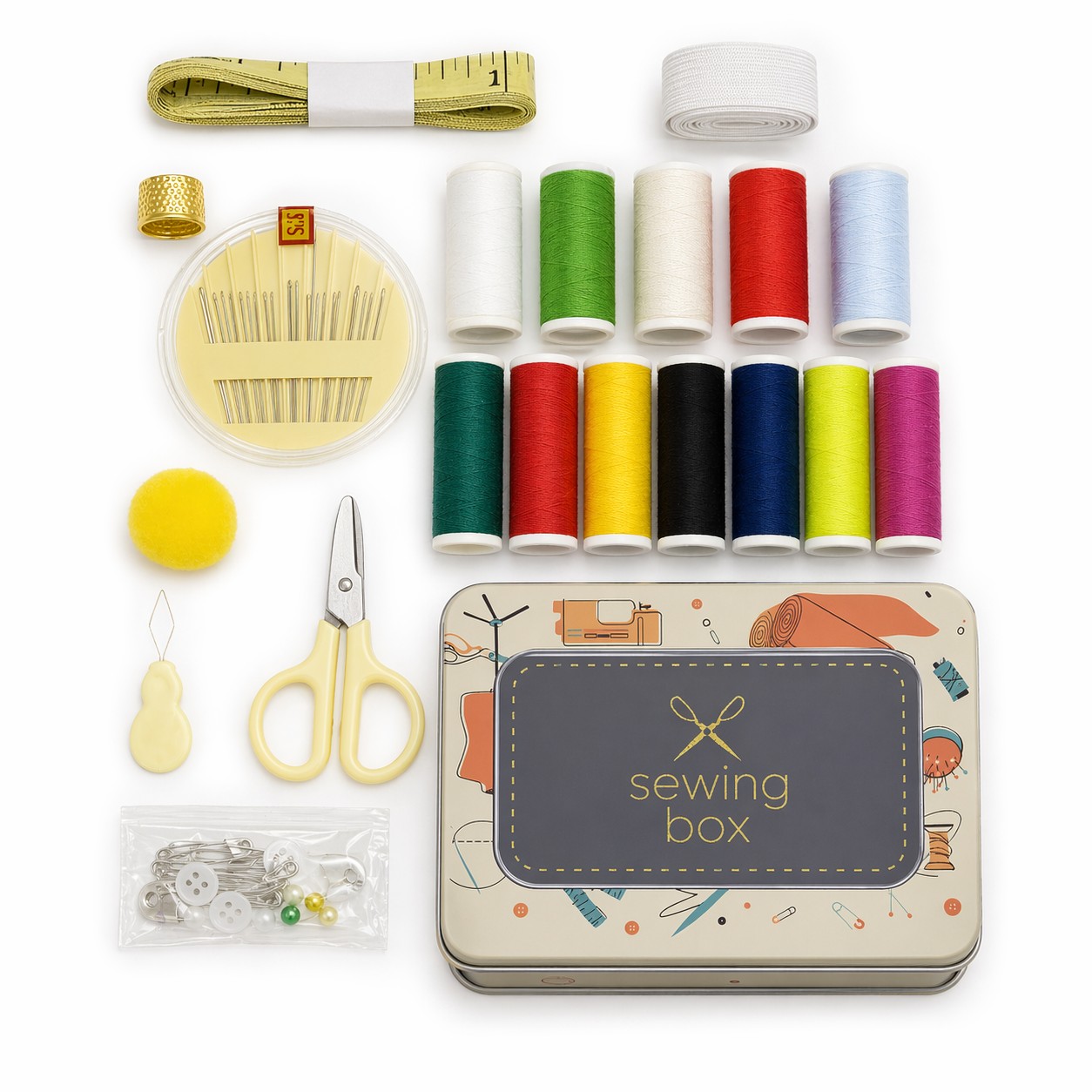 Швейный дорожный набор в железном боксе, форма квадратная, арт. dn026 title=