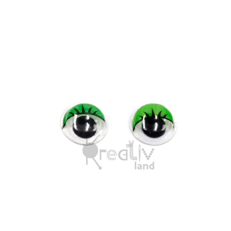 Глазки бегающие самоклеящиеся круглые с ресницами/ цв.зеленый/ арт.S-335/ d-12мм/ уп.100шт./ фас.1уп.