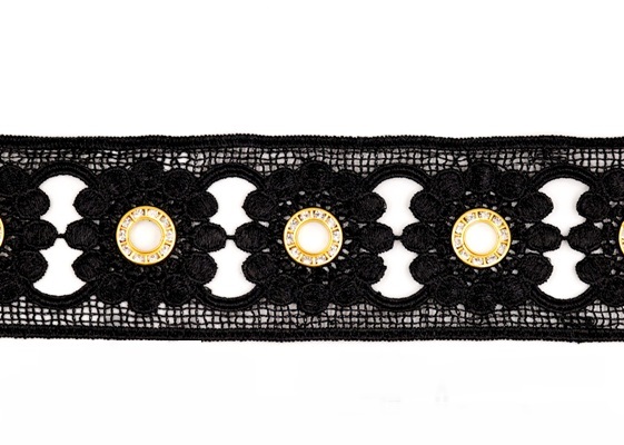 Кружево плетеное с декоративными кольцами/ ш.63 мм/ цв.черный/ 9,1м/ арт.CS244B/ фас.1рул.