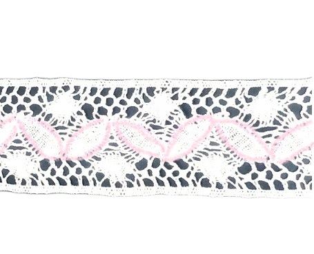 Кружево вязаное ш.65мм/ белое с розовыми листиками/ 13,65м/ фас.1уп.