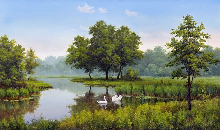 Алмазная мозаика/ подрамник/ полная выкладка/ 30х40см/ арт. LMZ3044 ЛЕБЕДИ НА ОЗЕРЕ