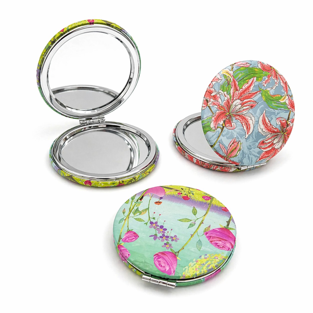 Складное зеркало круглое, диам. 7 см, цв. разноцветный (рис.цветы), MAN-139. title=