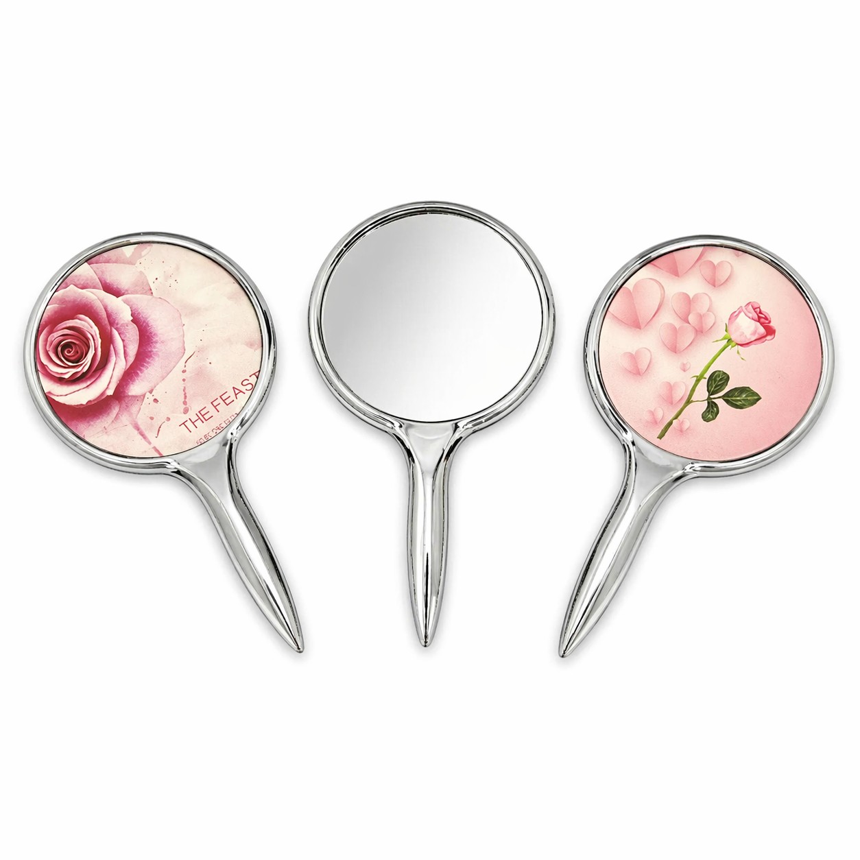 Зеркало круглое с ручкой, дл. 14.5 см, диам. 8 см, разноцветный (цветы), MAN-142 title=