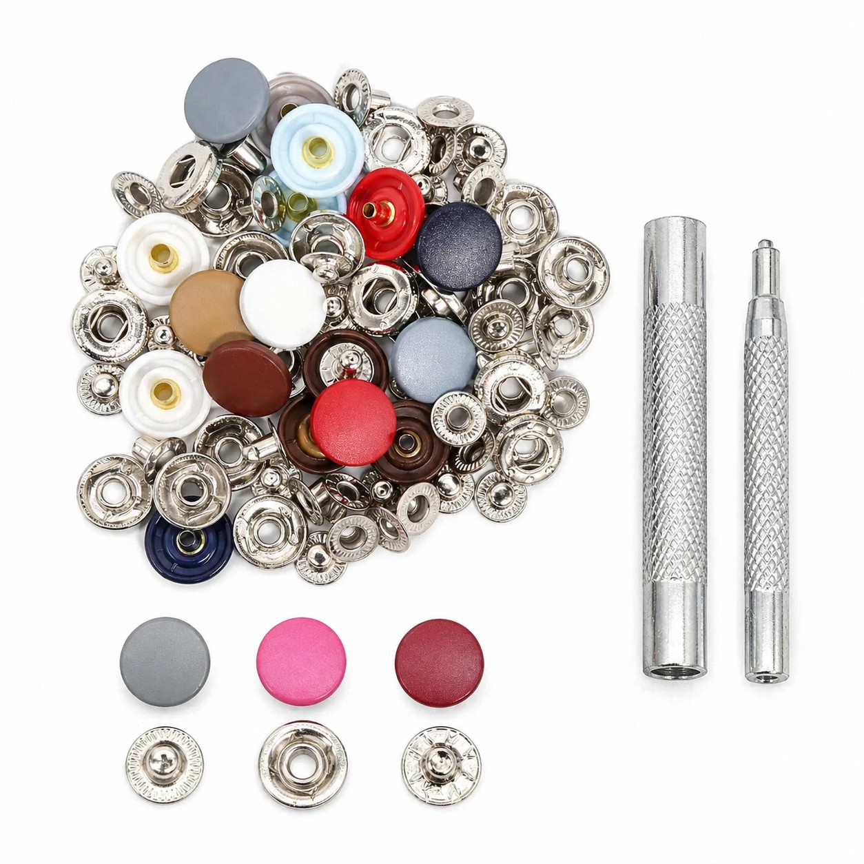 Набор для установки кнопок с пробойником и инструментом, ассорти, 77 предметов title=