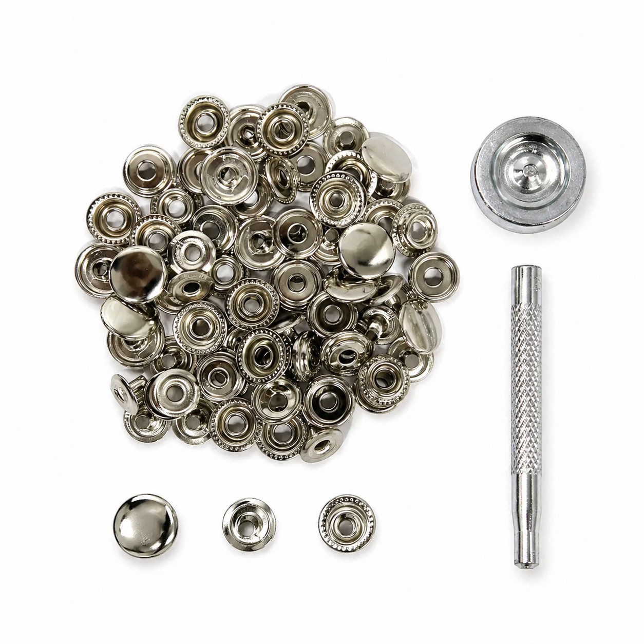 Набор для установки кнопок с пробойником и инструментом, серебристый, 77 предметов title=