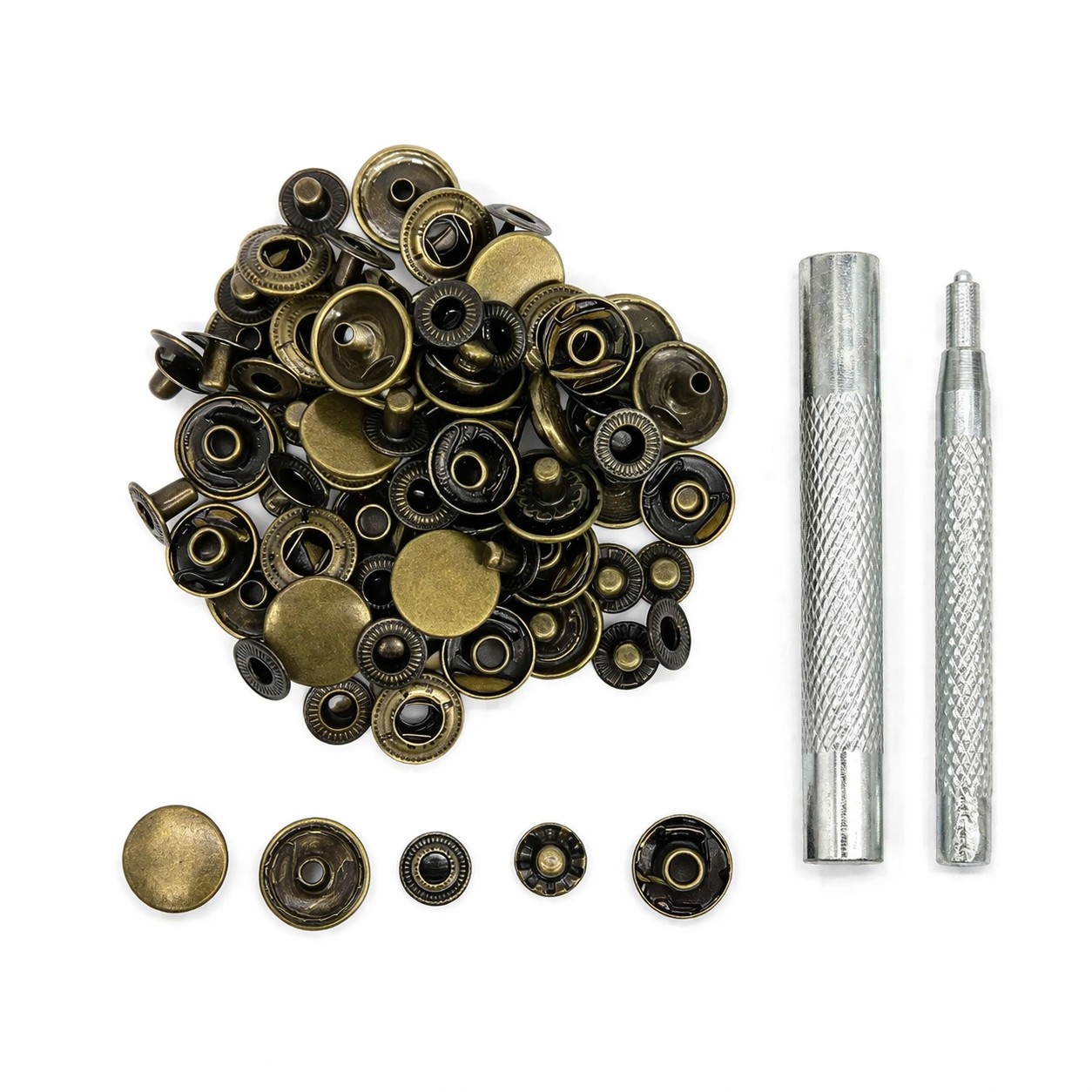 Набор для установки кнопок с пробойником и инструментом, бронза, 77 предметов title=
