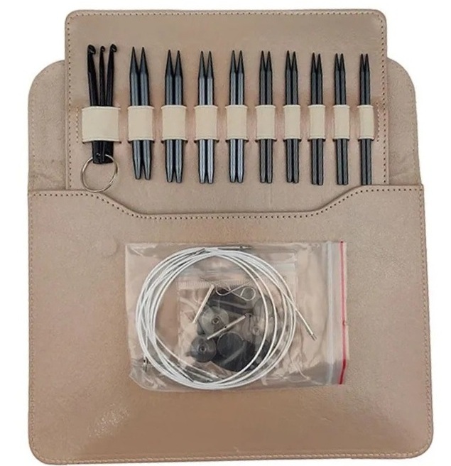 Набор съемный спиц и крючков 9пар/ алюминий/ кремовый кейс кожзам 24х16х1см/ фас.1уп title=