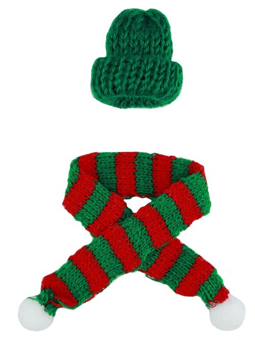 Вязаные шапка и шарфик для игрушек ( дл.шарфа 230мм, шапка 33х30мм) зеленый с красным/ фас.1набор title=