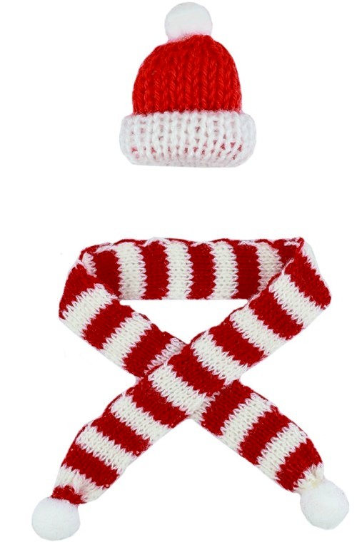 Вязаные шапка с помпоном и шарфик для игрушек ( дл. шарфа 280мм, шапка 35х43мм) красный с белым/ фас.1набор title=