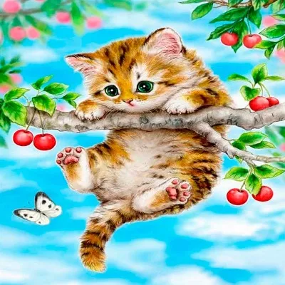 Алмазная живопись, подрамник, полная выкладка, 20 х 30 см, арт. AK2030059 КОТЕНОК НА ВЕТКЕ
