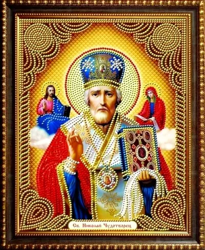 Алмазная мозаика, подрамник, частичная выкладка, круглые блестящие стразы, 27 х 33 см, арт. AS72604 НИКОЛАЙ ЧУДОТВОРЕЦ