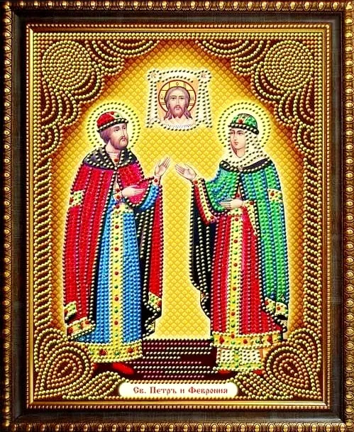 Алмазная мозаика, подрамник, частичная выкладка, круглые блестящие стразы, 27 х 33 см, арт. AS72609 СВЯТЫЕ ПЕТР И ФЕВРОНИЯ