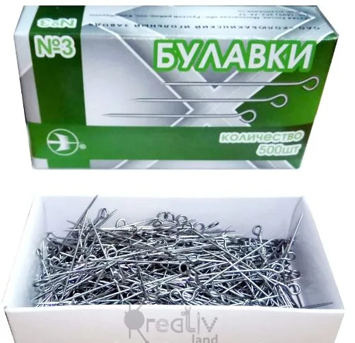 Булавки портновские №3 с ушком в бумажной кор, уп. 500 шт, Китай, дл. 30 мм